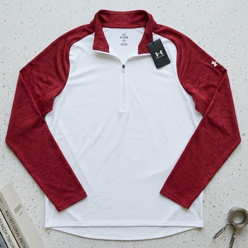Under Armour Tech 1/4 Zip Pullover Mens XL White Red Long Sleeve Shirt NWT
